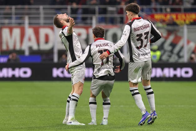 AC Milan vs Torino FC Italy, Milan, 2026 03 21: Christian Pulisic, Davide Bartesaghi, Strahinja Pavlovic (AC Milan) scores and celebrates the 1-0 goal at 36 during soccer game AC Milan vs Torino FC, Serie A Enilive 2025-2026 day 30 at San Siro Stadium Milan Lombardy Italy Copyright: xFabrizioxAndreaxBertanix