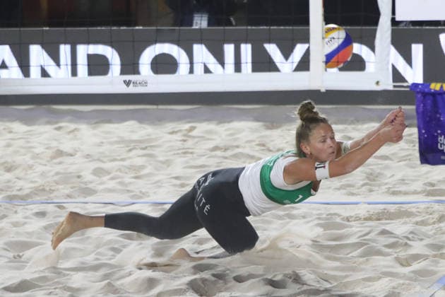 Women™s 2026 Volleyball World Beach Pro Tour- Semifinals Monika Paulikiene of Lithuania dives for the ball during the Semifinals match against United States of the 2026 Women s Volleyball World Beach Pro Tour between Lithuania and United States. on March 21, 2026 in Tlaxcala, Mexico. (Photo by Essene Hernandez Eyepix Group) Copyright: xEssenexHernandez xEyepixxGroupx EH_21032026_178713