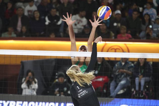 March 21, 2026, Tlaxcala, Ciudad de Mexico, Mexico: Sara Hughes of United States spikes the ball during the Semifinals match against Lithuania of the 2026 Women s Volleyball World Beach Pro Tour between Lithuania and United States. on March 21, 2026 in Tlaxcala, Mexico. Tlaxcala Mexico - ZUMAe321 20260321_zsa_e321_201 Copyright: xEssenexHernandezx
