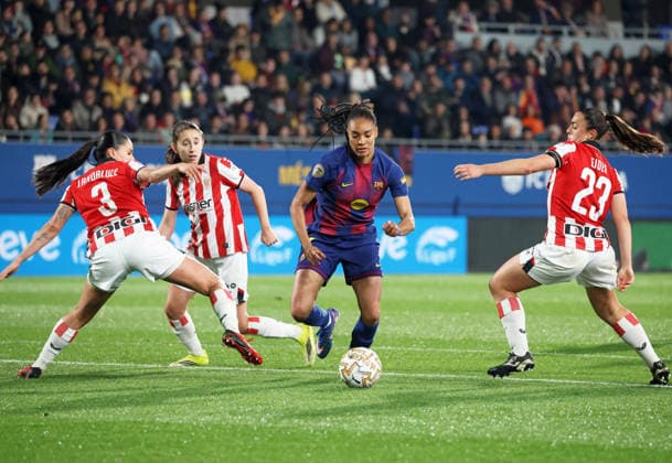 FC Barcelona, Barca Femeni v Athletic Club Femenino - Liga F Moeve Naia Landaluze, Eider Arana, and Salma Paralluelo play during the match between FC Barcelona Femeni and Athletic Club Femenino, corresponding to week 23 of the Liga F Moeve, at the Johan Cruyff Stadium in Barcelona, Spain, on March 21, 2026. Barcelona Barcelona Spain  Copyright: xUrbanandsportx originalFilename:urbanandsport-fcbarcel260321_npYXI.jpg