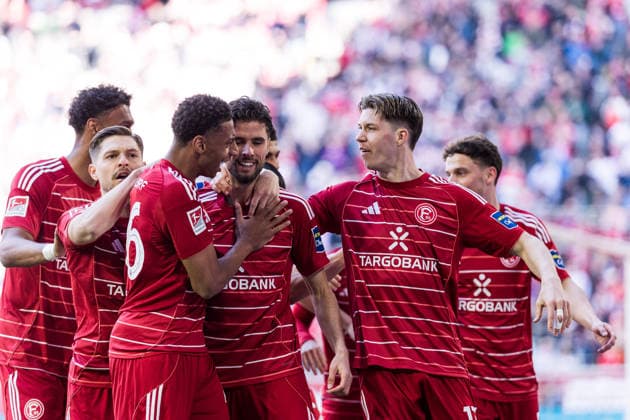 2 Soccer Bundesliga Fortuna Düsseldorf 1895 Hertha BSC Berlin 22 03 2026 Cheering for 1 0 after own goal by Linus Gechter Hertha BSC Berlin, 44 , Cedric Itten Fortuna Düsseldorf, 13 cheers with his teammates 2 Soccer Bundesliga, Fortuna Düsseldorf 1895 Hertha BSC Berlin, Düsseldorf, Merkur Spiel Arena on 22 03 2026 DFL REGULATIONS PROHIBIT ANY USE OF PHOTOGRAPHS AS IMAGE SEQUENCES AND OR QUASI VIDEO Copyright: xBEAUTIFULxSPORTS Wunderlx