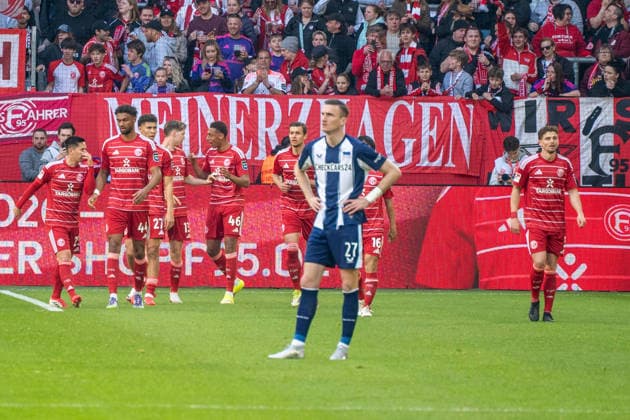 Germany 2 Bundesliga 2025 26 Fortuna Düsseldorf vs Hertha BSC, 27 Matchday 22 03 2026 MERKUR SPIEL ARENA Düsseldorf cheers after his goal for 1 0 by Cedric Itten Fortuna Düsseldorf,13 Joy, emotion Copyright: xOrhanxHabashx