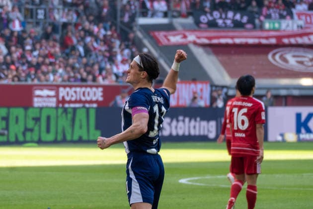 Germany 2 Bundesliga 2025 26 Fortuna Düsseldorf vs Hertha BSC, 27 Matchday 22 03 2026 MERKUR SPIEL ARENA Düsseldorf cheers after his goal for 1 1 by Fabian Reese Hertha BSC,11 Cheers, enthusiasm, joy, emotion Copyright: xOrhanxHabashx