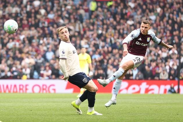 Lucas Digne of Aston Villa shoots. Aston Villa v West Ham United, Premier League, Football, Villa Park, Birmingham, UK - 22 Mar 2026Birmingham Villa Park United Kingdom EDITORIAL USE ONLY No use with unauthorised audio, video, data, fixture lists, club league logos or live services. Online in-match use limited to 120 images, no video emulation. No use in betting, games or single club league player publications. Copyright: xRyanxBrowne Shutterstockx 16783328ay