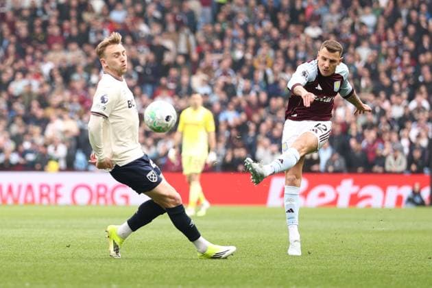 Lucas Digne of Aston Villa shoots. Aston Villa v West Ham United, Premier League, Football, Villa Park, Birmingham, UK - 22 Mar 2026Birmingham Villa Park United Kingdom EDITORIAL USE ONLY No use with unauthorised audio, video, data, fixture lists, club league logos or live services. Online in-match use limited to 120 images, no video emulation. No use in betting, games or single club league player publications. Copyright: xRyanxBrowne Shutterstockx 16783328aw