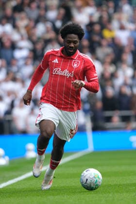 Ola Aina of Nottingham Forest on the ball during the Premier league football match between Tottenham Hotspur and Nottingham Forest at the Tottenham Hotspur Stadium in London. Copyright: xPaulxBonserx xSportsxPressxPhotox Sportspressphoto_SPR116370