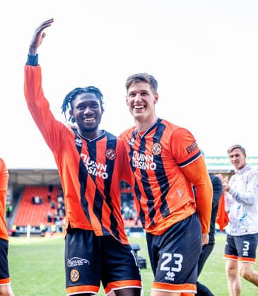 21.03.2026 Dundee United v Celtic, SPFL Premiership ............................... Emmanuel Agyei celebrates at the end with Krisztian Keresztes  Copyright: xKennyxRamsayx NINTCHDBPICT001068696943