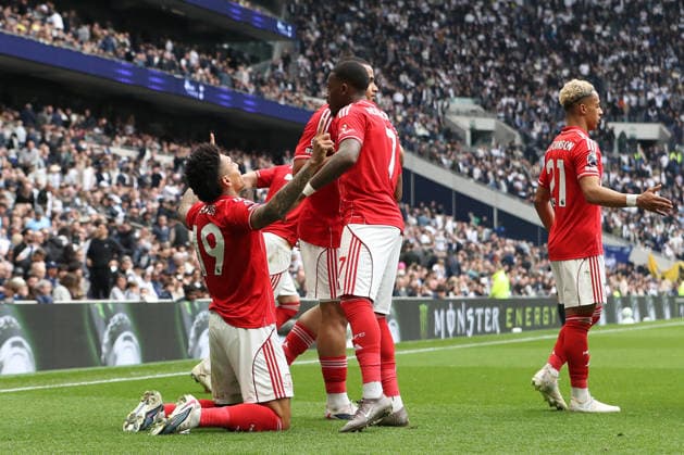 22nd March 2026; Tottenham Hotspur Stadium, London, England; Premier League Football, Tottenham Hotspur versus Nottingham Forest; Igor Jesus of Nottingham Forest celebrates his goal in the 45th+1 minute for 0-1  KatiexChan Content restricted for UK based newspaper