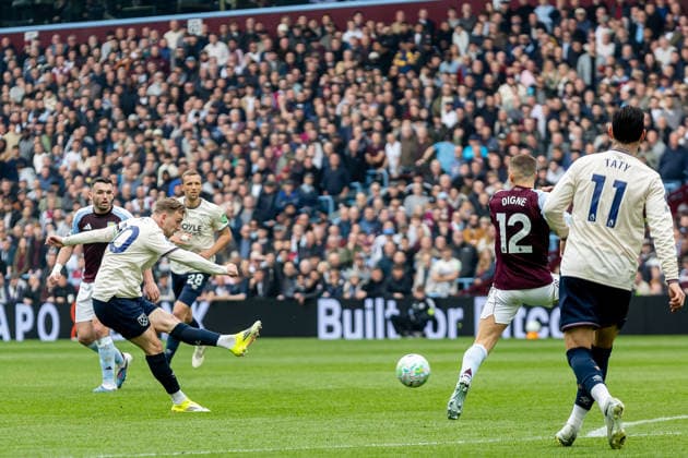Aston Villa v West Ham United, Premier League West Ham United forward Jarrod Bowen (20) shoots at goal during the Premier League match between Aston Villa and West Ham United at Villa Park, Birmingham, UK on 22 March 2026. Birmingham Villa Park West Midlands UK Editorial use only DataCo restrictions apply See www.football-dataco.com , Copyright: xManjitxNarotrax PSI-23950-0031