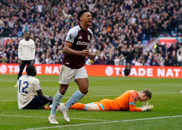 Birmingham, England, 22nd March 2026. Ollie Watkins of Aston Villa celebrates after scoring the second goal during the Aston Villa vs West Ham United Premier League match at Villa Park, Birmingham. Picture credit should read: Andrew Yates Sportimage EDITORIAL USE ONLY. No use with unauthorised audio, video, data, fixture lists, club league logos or live services. Online in-match use limited to 120 images, no video emulation. No use in betting, games or single club league player publications. SPI_028_AY_VILLA_WEST_HAM SPI-4635-0028