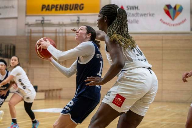 Toyota DBBL 2025 2026 Syntainics MBC vs TK Hannover Luchse Halle Saale, Germany 22 March 2026 In the picture from left Katelyn Shumate Halle and Serena Manala Hannover Halle Saale swh Arena Sachsen Anhalt Germany