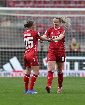 22 03 2026 Soccer season 2025 2026 1 Women Soccer Bundesliga 21 Matchday 1 FC Nuremberg FCN Club 1 FC Köln Sportfoto Zink DaMa xdaxmax cheering joy goal celebration after goal to 0 1 Laura Donhauser 25, 1 FC Köln Sandra Maria Jessen 6, 1 FC Köln cheers happy goal scorer Laura Donhauser 25, 1 FC Köln