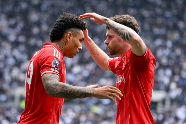 Tottenham Hotspur v Nottingham Forest - Premier League Igor Jesus of Nottingham Forest celebrates with Neco Williams of Nottingham Forest after scoring a goal to make it 0-1 during the Premier League match between Tottenham Hotspur and Nottingham Forest at the Tottenham Hotspur Stadium in London on March 22, 2026. London Greater London United Kingdom  Copyright: xMIxNewsx originalFilename:fletcher-tottenha260322_npdov.jpg
