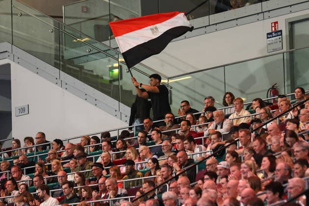 22 03 2026, Handball, International match men, Germany Egypt, ÖVB Arena Bremen Fan with Egyptian flag among fans in the stands xKamilxWilkowskixPressPhotoKochx Bremen Germany
