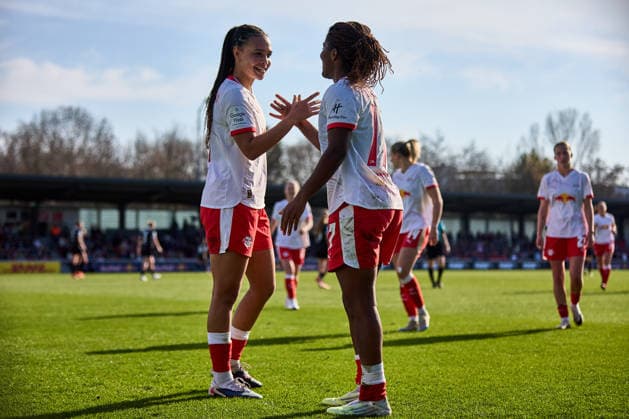 22 03 2026, GER, Womens Soccer, BL, 2025 2026, RB Leipzig SC Freiburg Lisa Baum 11, RB Leipzig, left , Delice Boboy 17, RB Leipzig celebrating a goal together after 2 0 Leipzig Training Center of the Red Bull Saxony Germany
