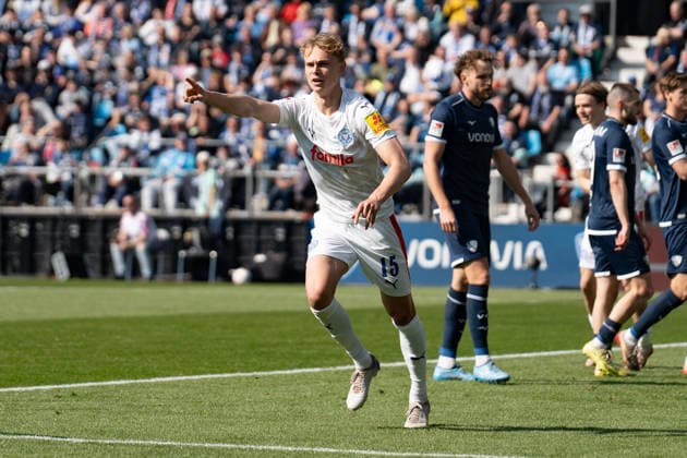 Germany 2 Bundesliga 2025 2026 27 Matchday, VfL Bochum vs Holstein Kiel Sunday, 22 03 2026 Vonovia Ruhr Stadion, North Rhine-Westphalia Goal for 0 1 by Kasper Davidsen Holstein Kiel, 15 Cheers Joy Emotions Goal celebration Copyright: xCelinaxLeiersx