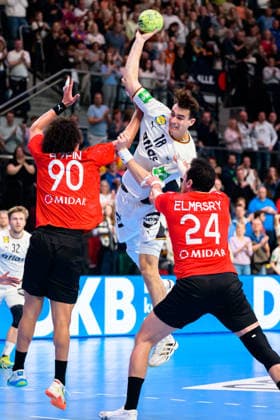 Bremen Handball international match Germany Egypt from left Ali Zein Egypt , Julian Köster Koester Germany , Ibrahim Elmasry Egypt Bremen ÖVB Arena Germany