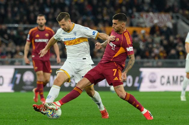 Lecceâ??s Ylber Ramadani and Romaâ??s Lorenzo Pellegrini during the Italian Football Championship League A Enilive 2025 2026 match between AS Roma vs US Lecce at the Olimpic Stadium in Rome on 22 March 2026.  Copyright: xFabrizioxCorradetti IPAxSportx xipa-agency.netx xx IPA_73299745 IPA_Agency_IPA73299745
