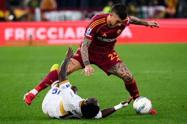 Gianluca Mancini of AS Roma and Lameck Banda of US Lecce compete for the ball during the Serie A 2025 2026 football match between AS Roma and US Lecce at Stadio Olimpico in Rome (Italy), March 22, 2026. AndreaxStaccioli