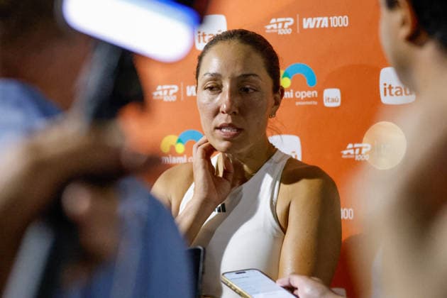 MIAMI GARDENS, FL - MARCH 22: Jessica Pegula (USA) speaks to the media after her women™s third round singles match against Leylah Fernandez (CAN) at the Miami Open on March 22, 2026, at Hard Rock Stadium in Miami Gardens, Florida,(Photo by Chris Arjoon Icon Sportswire) TENNIS: MAR 22 Miami Open EDITORIAL USE ONLY Icon2603220010023
