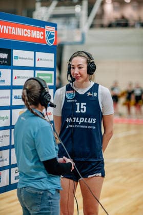 BB 1BL Women Syntainics MBC Lions TK Hannover Luchse Sona Svetlikova GISA Lions MBC in an interview after the match during the 2025 2026 season in the DBBL Toyota Bundesliga Syntainics MBC Lions and TK Hannover Luchse at the SWH Arena on March 22, 2026 in Halle Saale, Sachsen Anhalt, Germany