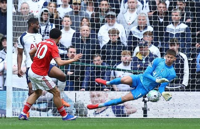 Morgan Gibbs-White of Nottingham Forest scores their sides second goal past Guglielmo Vicario of Tottenham Hotspur Tottenham Hotspur v Nottingham Forest, Premier League, Football, Tottenham Hotspur Stadium, London, UK - 22 Mar 2026London Tottenham Hotspur Stadium United Kingdom EDITORIAL USE ONLY No use with unauthorised audio, video, data, fixture lists, club league logos or live services. Online in-match use limited to 120 images, no video emulation. No use in betting, games or single club league player publications. Copyright: xMichaelxZemanek Shutterstockx 16783329bi