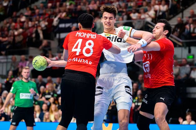 Bremen Handball international match Germany Egypt v li in duel Mohab Saied Egypt , Julian Köster Koester Germany Bremen ÖVB Arena Germany