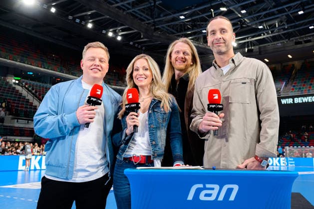 Bremen Handball international match Germany Egypt from left presenter Florian Schmidt Sommerfeld Pro7 , presenter Andrea Kaiser Pro7 , presenter Icke Dommisch, expert Silvio Heinevetter Pro7 Bremen ÖVB Arena Germany