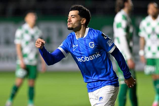 RAAL La Louviere v KRC Genk - Jupiler Pro League LA LOUVIERE, BELGIUM - MARCH 22 : El Ouahdi Zakaria defender of KRC Genk celebrates scoring a goal during the Jupiler Pro League match between RAAL La Louviere and KRC Genk on March 22, 2026 in La Louviere, Belgium, 22 03 2026 La Louviere Belgium  Copyright: xDhax
