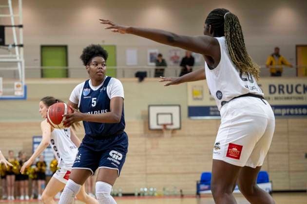 Toyota DBBL 2025 2026 Syntainics MBC vs TK Hannover Luchse Halle Saale, Germany 22 March 2026 In the picture from left Khalis Cain Halle and Serena Manala Hannover Halle Saale swh Arena Sachsen Anhalt Germany