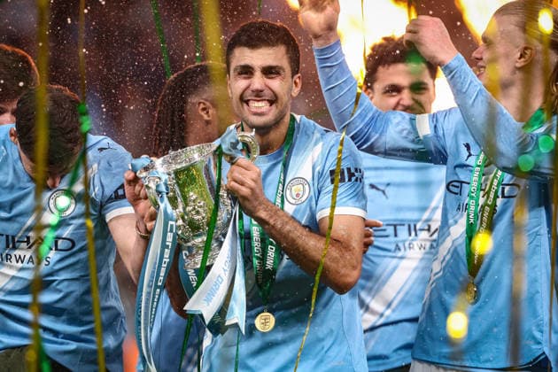 Arsenal v Manchester City, Carabao Cup Final Rodri of Manchester City celebrates with the trophy after the Arsenal v Manchester City Carabao Cup Final match at Wembley Stadium, London, England on 22 March 2026 Credit: Ian Stephen Every Second Media Editorial use only. All images are copyright Every Second Media Limited. No images may be reproduced without prior permission. All rights reserved. Premier League and Football League images are subject to licensing agreements with Football DataCo Limited. see https: www.football-dataco.com Copyright: xIMAGO EveryxSecondxMediax ESM-1873-0076 IanxStephenx xEveryxSecondxMediax