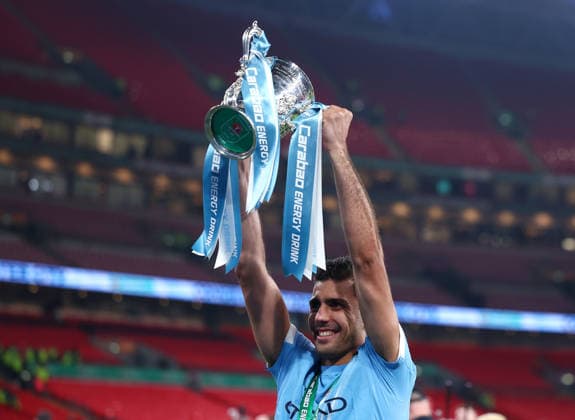 London, England, 22nd March 2026. Rodri of Manchester City celebrates after the Arsenal vs Manchester City Carabao Cup Final match at Wembley Stadium, London. Picture credit should read: Paul Terry Sportimage EDITORIAL USE ONLY. No use with unauthorised audio, video, data, fixture lists, club league logos or live services. Online in-match use limited to 120 images, no video emulation. No use in betting, games or single club league player publications. SPI_080_PT_Arsenal_Man_City SPI-4632-0080