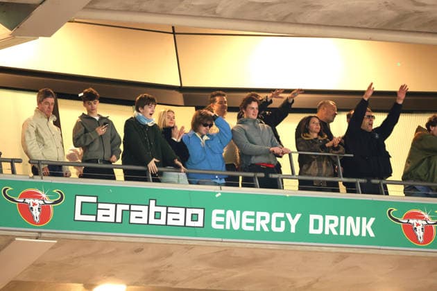 Oasis stars and brothers, Noel (far left), and Liam Gallagher (far right) at the Carabao Cup Final Arsenal v Manchester City match, at Wembley Stadium, London, UK on 22nd March 2026. 
