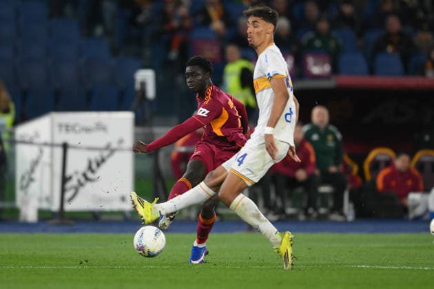 22nd March 2026, Stadio Olimpico, Rome, Italy; Serie A Football; Roma versus Lecce; Robinio Vaz of AS Roma under pressure from Tiago Gabriel of US Lecce  AllShotLive Content restricted for UK based newspaper