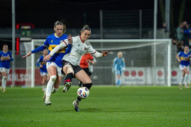 Rieke Tietz FC Carl Zeiss Jena, 17 in duel with Selina Ostermeier Bayer 04 Leverkusen, 01 Bayer 04 Leverkusen vs FC Carl Zeiss Jena, Football, Google Pixel Womens Bundesliga, Matchday 21, Season 2025 26, 22 03 2026, Bayer 04 Leverkusen vs FC Carl Zeiss Jena, Football, Google Pixel Womens Bundesliga, Matchday 21, Season 2025 26, 22 03 2026 Leverkusen Copyright: xEibner-Pressefoto LukasxBaldygax EP_LBA