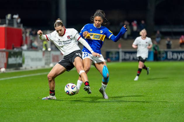 Julia Mickenhagen Bayer 04 Leverkusen, 18 duel with Josephine Bonsu FC Carl Zeiss Jena, 23 Bayer 04 Leverkusen vs FC Carl Zeiss Jena, Football, Google Pixel Womens Bundesliga, Matchday 21, Season 2025 26, 22 03 2026, Bayer 04 Leverkusen vs FC Carl Zeiss Jena, Football, Google Pixel Womens Bundesliga, Matchday 21, Season 2025 26, 22 03 2026 Leverkusen Copyright: xEibner-Pressefoto LukasxBaldygax EP_LBA
