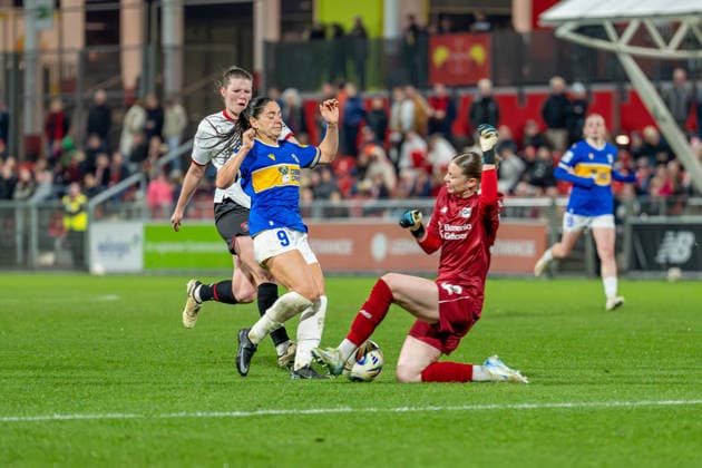 Olivia Alcaide FC Carl Zeiss Jena, 09 in duel with Rafaela Borggraefe Bayer 04 Leverkusen, 12 Bayer 04 Leverkusen vs FC Carl Zeiss Jena, Football, Google Pixel Womens Bundesliga, Matchday 21, Season 2025 26, 22 03 2026, Bayer 04 Leverkusen vs FC Carl Zeiss Jena, Football, Google Pixel Womens Bundesliga, Matchday 21, Season 2025 26, 22 03 2026 Leverkusen Copyright: xEibner-Pressefoto LukasxBaldygax EP_LBA