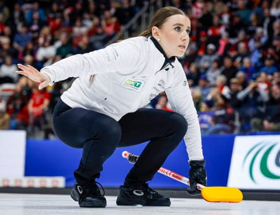 March 22, 2026, Calgary, Ab, CANADA: Switzerland s skip Xenia Schwaller reacts to her shot against Team Canada during the gold medal draw at the World Women™s Curling Championship in Calgary, Sunday, March 22, 2026. Xenia Schwaller  - ZUMAc35_ 20260322_zaf_c35_022 Copyright: xJeffxMcintoshx