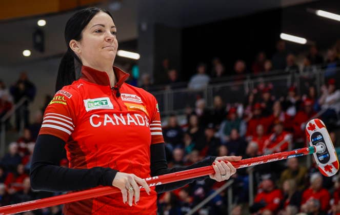 March 22, 2026, Calgary, Ab, CANADA: Team Canada skip Kerri Einarson reacts to her shot against Switzerland during the gold medal draw at the World Women™s Curling Championship in Calgary, Sunday, March 22, 2026. Kerri Einarson  - ZUMAc35_ 20260322_zaf_c35_024 Copyright: xJeffxMcintoshx