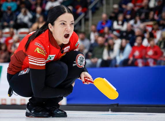 March 22, 2026, Calgary, Ab, CANADA: Team Canada skip Kerri Einarson reacts to her shot against Switzerland during the gold medal draw at the World WomenöÄÃ s Curling Championship in Calgary, Sunday, March 22, 2026. Kerri Einarson  - ZUMAc35_ 20260322_zaf_c35_031 Copyright: xJeffxMcintoshx