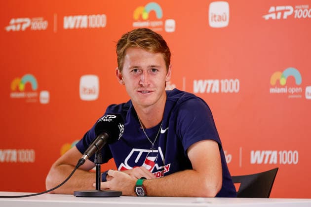 MIAMI GARDENS, FL - MARCH 22: Sebastian Korda (USA) speaks to the media after his men™s third round singles match against Carlos Alcaraz (ESP) at the Miami Open on March 22, 2026, at Hard Rock Stadium in Miami Gardens, Florida,(Photo by Chris Arjoon Icon Sportswire) TENNIS: MAR 22 Miami Open EDITORIAL USE ONLY Icon2603220010092