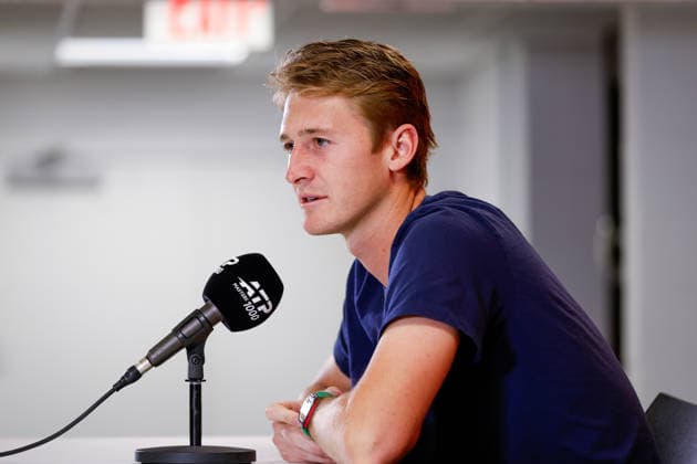 MIAMI GARDENS, FL - MARCH 22: Sebastian Korda (USA) speaks to the media after his men™s third round singles match against Carlos Alcaraz (ESP) at the Miami Open on March 22, 2026, at Hard Rock Stadium in Miami Gardens, Florida,(Photo by Chris Arjoon Icon Sportswire) TENNIS: MAR 22 Miami Open EDITORIAL USE ONLY Icon2603220010094