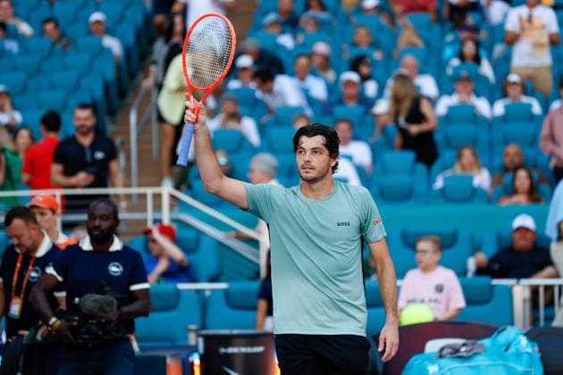 MIAMI GARDENS, FL - MARCH 22: Taylor Fritz (USA) celebrates after his men™s third round singles match against Reilly Opelka (USA) at the Miami Open on March 22, 2026, at Hard Rock Stadium in Miami Gardens, Florida,(Photo by Chris Arjoon Icon Sportswire) TENNIS: MAR 22 Miami Open EDITORIAL USE ONLY Icon2603220010039