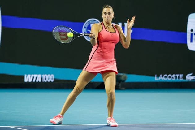 MIAMI GARDENS, FL - MARCH 22: Aryna Sabalenka in action during his women™s third round singles match against Caty McNally (USA) at the Miami Open on March 22, 2026, at Hard Rock Stadium in Miami Gardens, Florida,(Photo by Chris Arjoon Icon Sportswire) TENNIS: MAR 22 Miami Open EDITORIAL USE ONLY Icon2603220010132