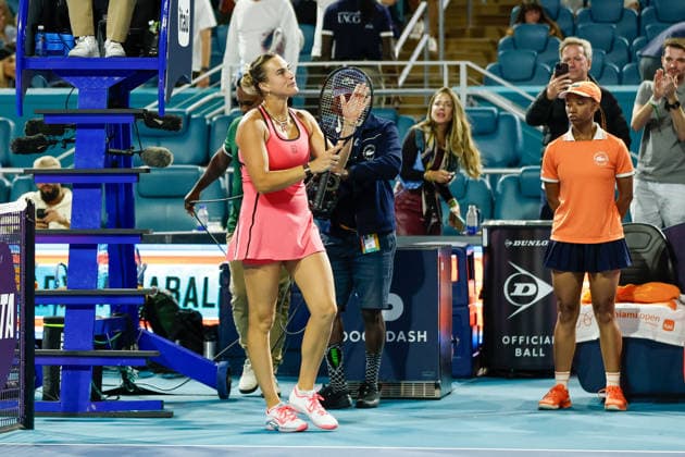 MIAMI GARDENS, FL - MARCH 22: Aryna Sabalenka celebrates her win at the end of her women™s third round singles match against Caty McNally (USA) at the Miami Open on March 22, 2026, at Hard Rock Stadium in Miami Gardens, Florida,(Photo by Chris Arjoon Icon Sportswire) TENNIS: MAR 22 Miami Open EDITORIAL USE ONLY Icon2603220010135