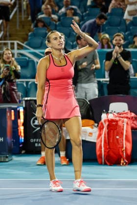MIAMI GARDENS, FL - MARCH 22: Aryna Sabalenka celebrates her win at the end of her women™s third round singles match against Caty McNally (USA) at the Miami Open on March 22, 2026, at Hard Rock Stadium in Miami Gardens, Florida,(Photo by Chris Arjoon Icon Sportswire) TENNIS: MAR 22 Miami Open EDITORIAL USE ONLY Icon2603220010138