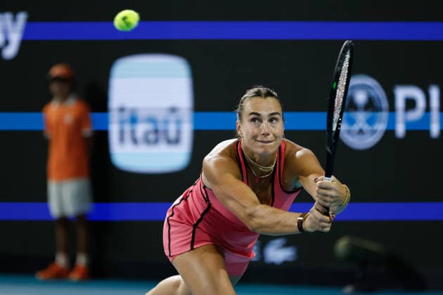 MIAMI GARDENS, FL - MARCH 22: Aryna Sabalenka in action during his women™s third round singles match against Caty McNally (USA) at the Miami Open on March 22, 2026, at Hard Rock Stadium in Miami Gardens, Florida,(Photo by Chris Arjoon Icon Sportswire) TENNIS: MAR 22 Miami Open EDITORIAL USE ONLY Icon2603220010141