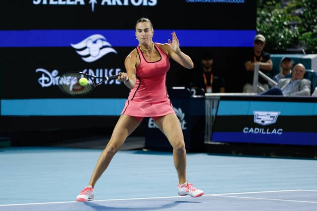 MIAMI GARDENS, FL - MARCH 22: Aryna Sabalenka in action during his women™s third round singles match against Caty McNally (USA) at the Miami Open on March 22, 2026, at Hard Rock Stadium in Miami Gardens, Florida,(Photo by Chris Arjoon Icon Sportswire) TENNIS: MAR 22 Miami Open EDITORIAL USE ONLY Icon2603220010145