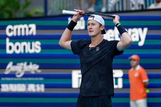 MIAMI GARDENS, FL - MARCH 22: Sebastian Korda (USA) celebrates after his men™s third round singles match against Carlos Alcaraz (ESP) at the Miami Open on March 22, 2026, at Hard Rock Stadium in Miami Gardens, Florida,(Photo by Chris Arjoon Icon Sportswire) TENNIS: MAR 22 Miami Open EDITORIAL USE ONLY Icon2603220010062