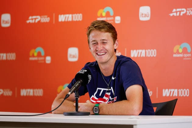 MIAMI GARDENS, FL - MARCH 22: Sebastian Korda (USA) speaks to the media after his men™s third round singles match against Carlos Alcaraz (ESP) at the Miami Open on March 22, 2026, at Hard Rock Stadium in Miami Gardens, Florida,(Photo by Chris Arjoon Icon Sportswire) TENNIS: MAR 22 Miami Open EDITORIAL USE ONLY Icon2603220010090